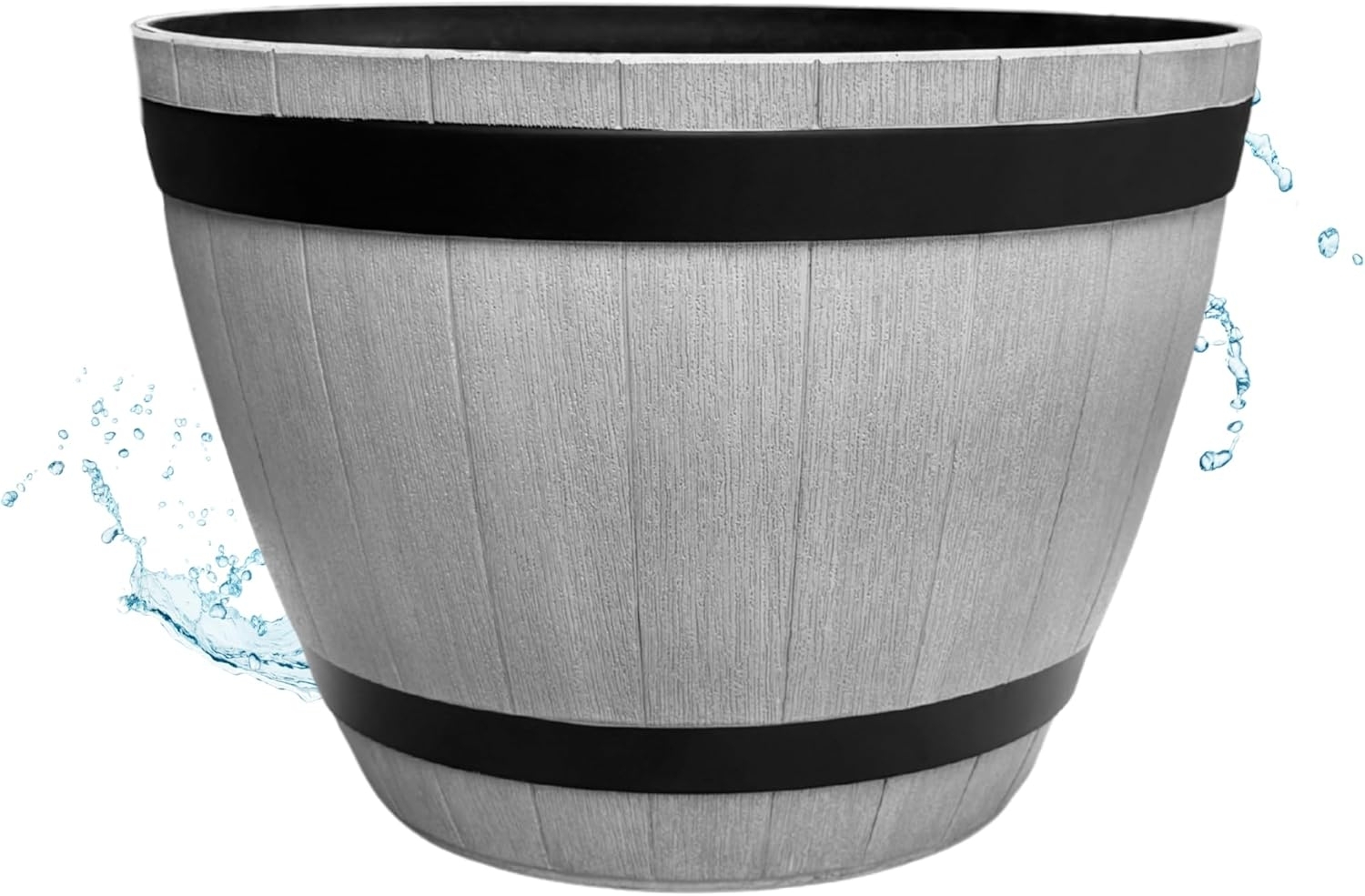 matches21 HOME & HOBBY Blumentopf Große Holzfass-Optik Pflanzschale grau für draußen 51 x 36 cm (1 St), Wetterfester Holzoptik Pflanzkübel als Blumenschale Brunnenschale Bild 1