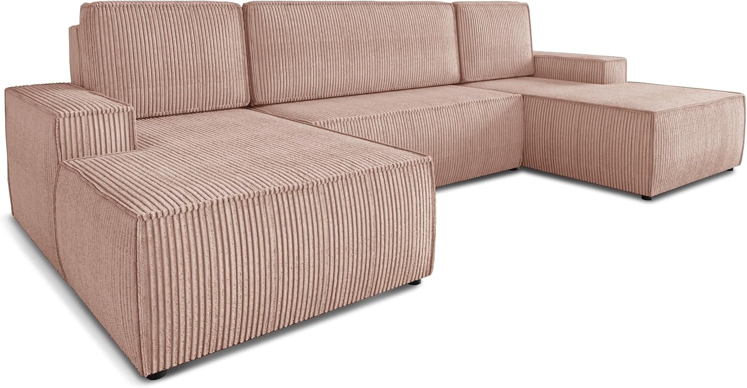 Wohnlandschaft mit Schlaffunktion Totti - U-Form Couch, Schlafsofa mit Bettkasten, Couchgranitur mit Bettfunktion, Big Sofa, Cord Stoff, Wohnzimmer (Rosa (Poso 052)) Bild 1
