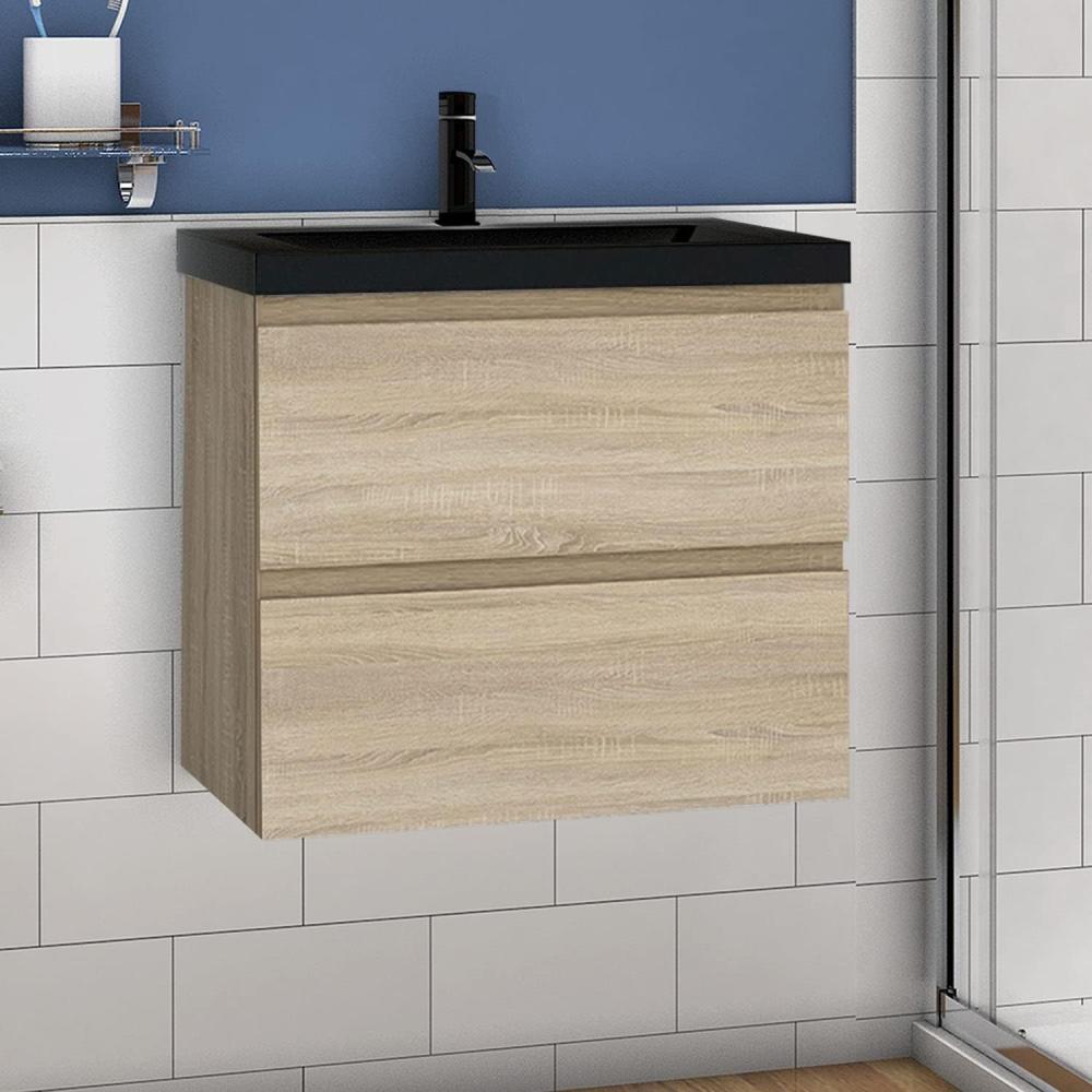 Waschtisch mit Unterschrank 60 cm Badmöbel Set mit Waschbecken Schwarz Gäste WC Eiche Matt Bild 1