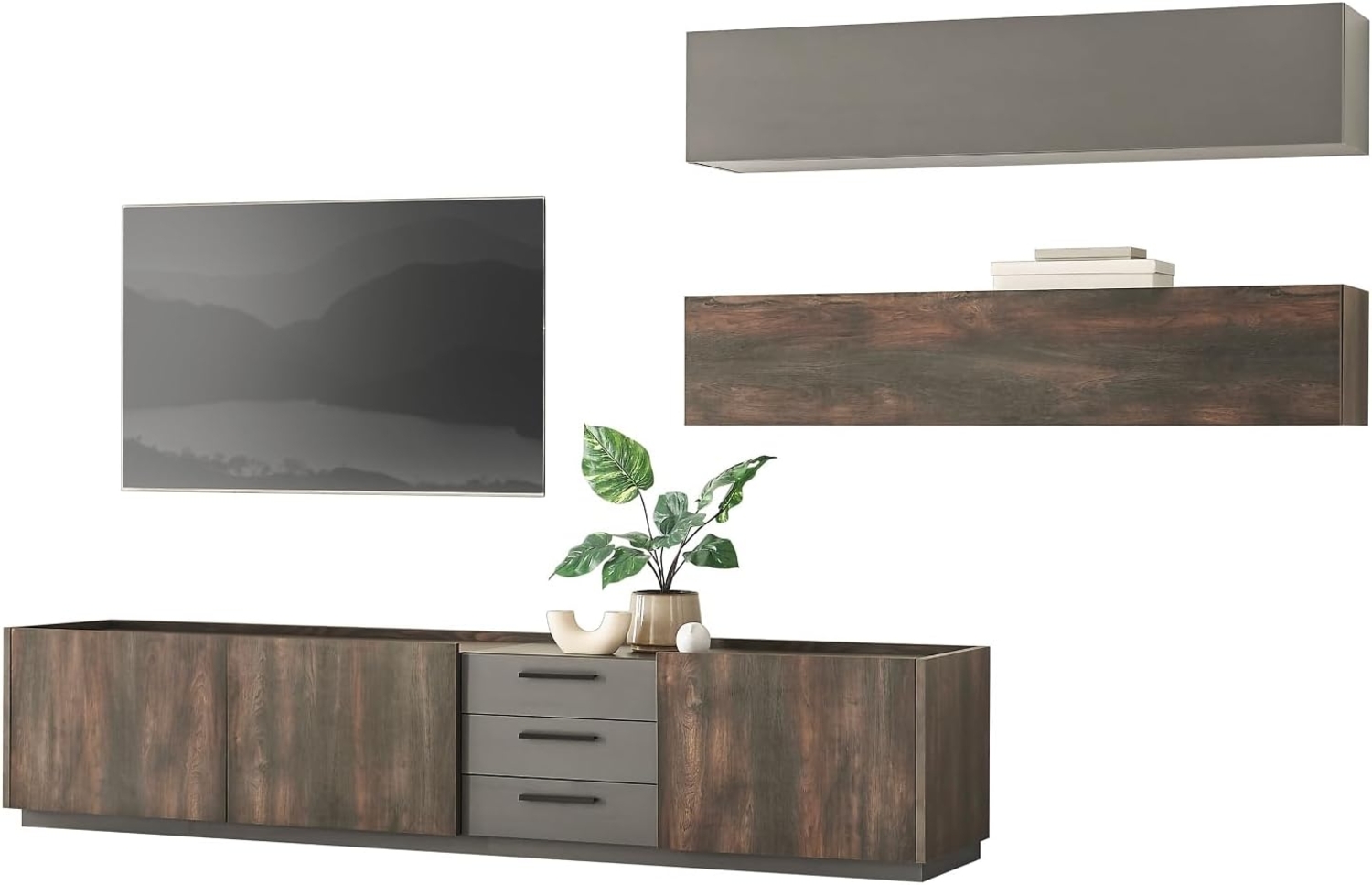 Wohnwand Piano in Eiche und grau 3-teilig 316 cm Bild 1