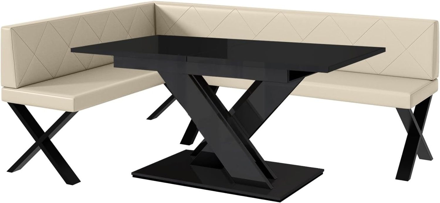 MEBLINI Eckbank für Esszimmer mit ausziehbarem Tisch - Küchenbank - Essecke - Sitzecke Küche - ERIC - X-Beine 142x196x87cm Links - Creme Kunstleder/B Schwarz Hochgl. Bild 1