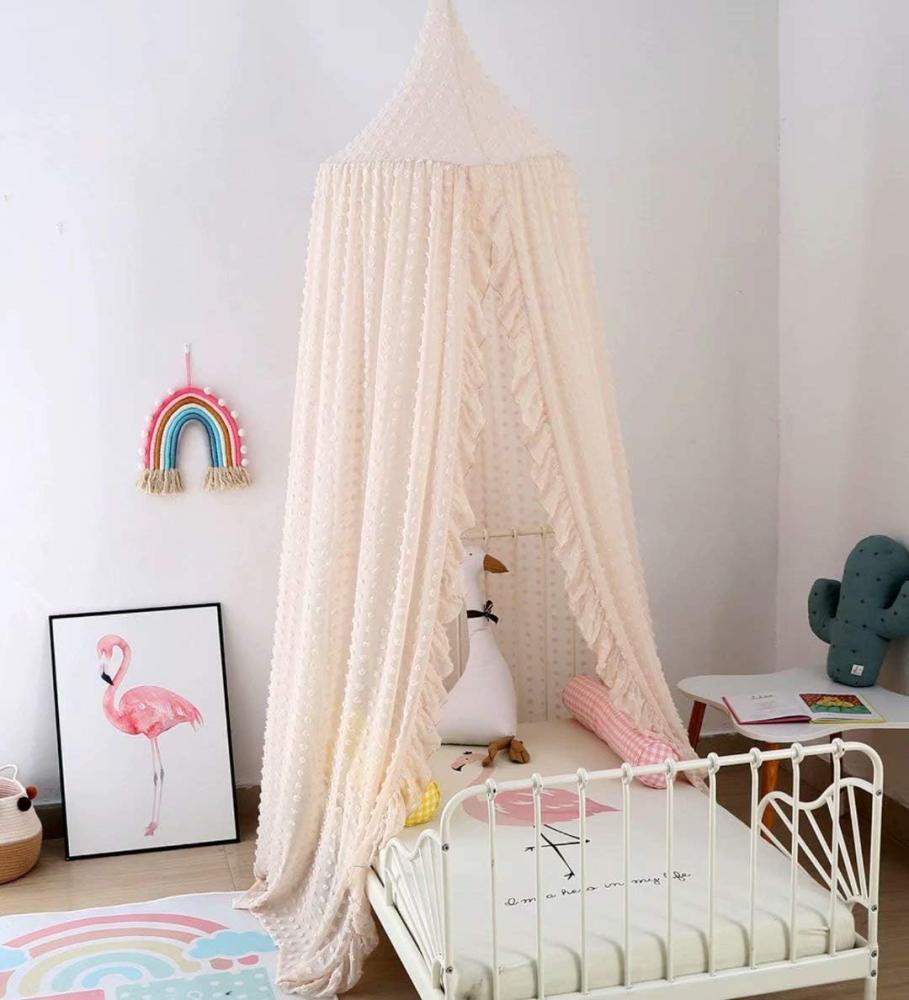 Runde Kuppel aus Chiffon-Baldachin Kinder Moskitonetz mit Wave Lace & Polka Dot Flocking Kinderzelt Bett Vorhang Perfekt für Mädchen, Kinderbett, Mädchenzimmer, Beige Bild 1