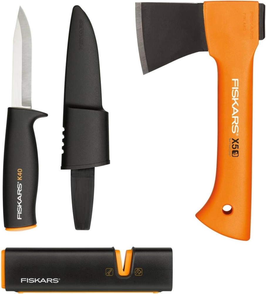 Fiskars Kaminofen-Set, Freizeitbeil X5-XXS, 23 cm, Xsharp Axt- und Messerschärfer, Keramik-Schleifkopf, Universalmesser K40, Inkl. Köcher, 22,5 cm, 1057913 Bild 1