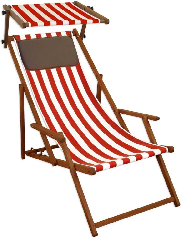 Gartenstuhl rot-weiß Sonnenliege Strandstuhl Sonnendach Kissen Deckchair Buche 10-314 S KD Bild 1