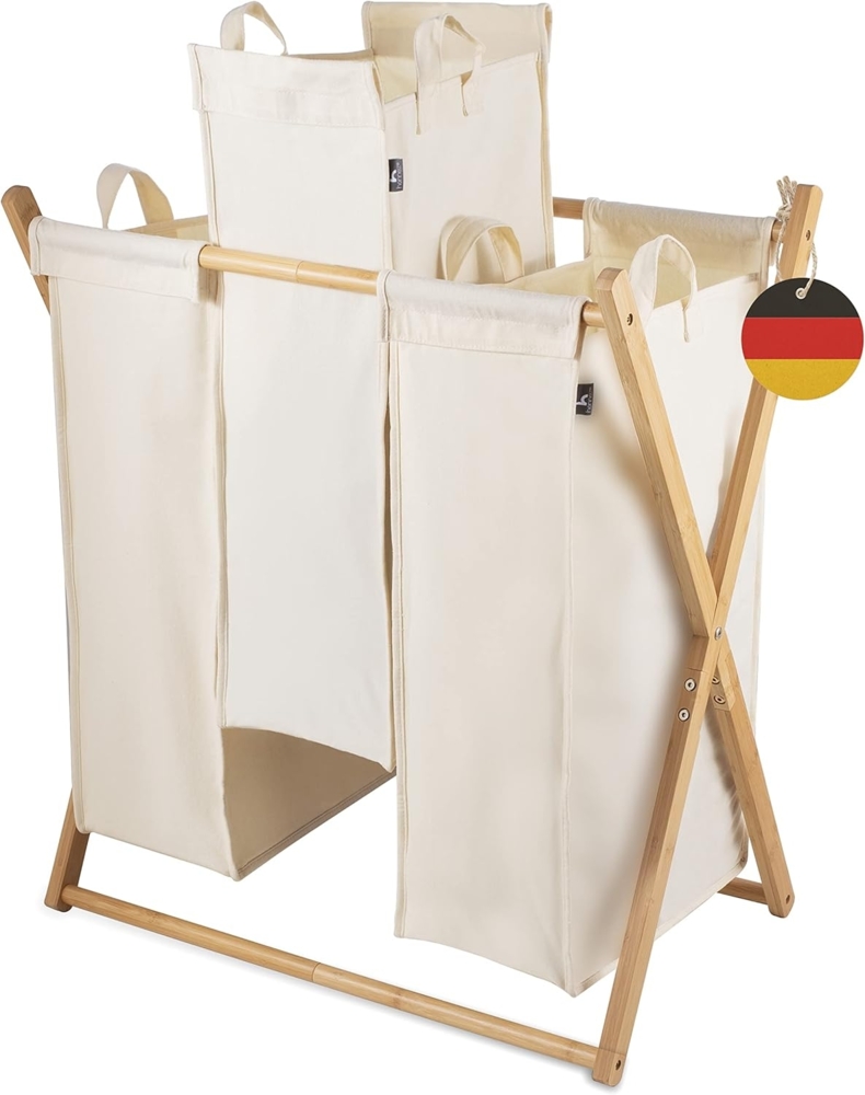 HENNEZ Wäschesortierer 3 Fächer - 150L Wäschesammler Bambus, Herausnehmbare Wäschesäcke - Premium Bambusrahmen Bild 1