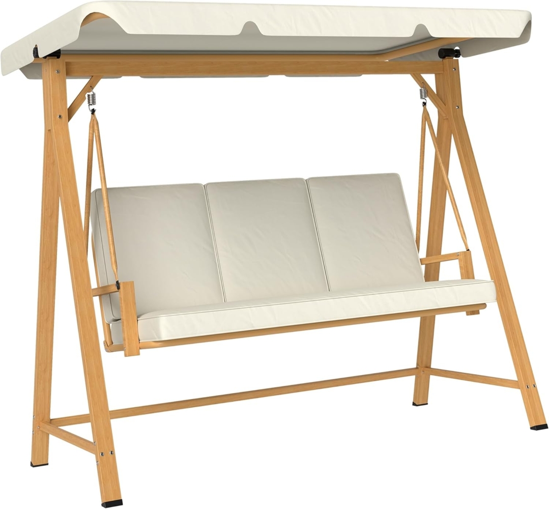 Outsunny Hollywoodschaukel mit verstellbarem Sonnendach, Sitzauflage, Holzoptik, 2-Sitzer, Schaukelfinktion, 3-Sitzer Gartenschaukel, 1 tlg, UV 30+ Schaukelbank, belastbar bis 330kg, für Garten, Terrasse, 198 x 120 x 170cm Beige Bild 1