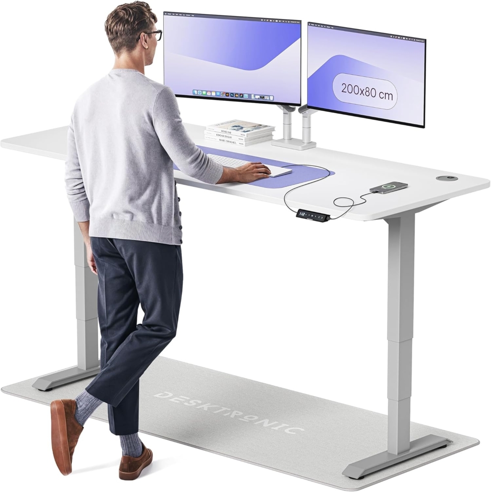 Höhenverstellbarer Schreibtisch - Höhenverstellbar Elektrisch mit Flüsterleisem Dual-Motor & Touchscreen - Hohe Tragfähigkeit - Stehtisch von Desktronic, Grau + Weiß, 200x80 cm Bild 1