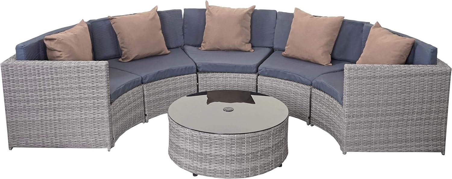 Poly-Rattan Garnitur rund HWC-E17, Garten-Set Sitzgruppe ~ grau, Polster dunkelgrau, Kissen beige Bild 1