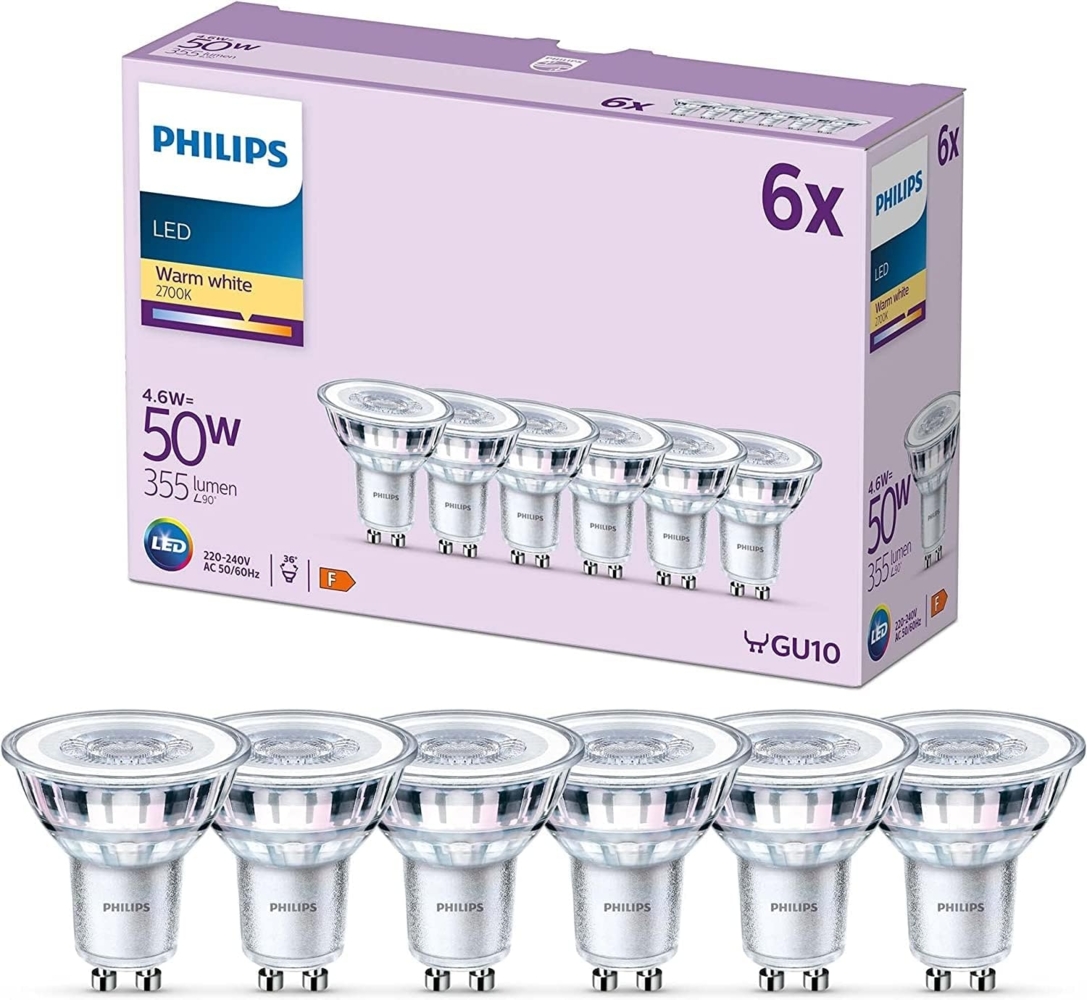 Philips LED Classic GU10 Lampen 6-er Pack (50 W), Reflektor LED Spots mit warmweißem Licht, energiesparende Lampen mit langer Nutzlebensdauer Bild 1