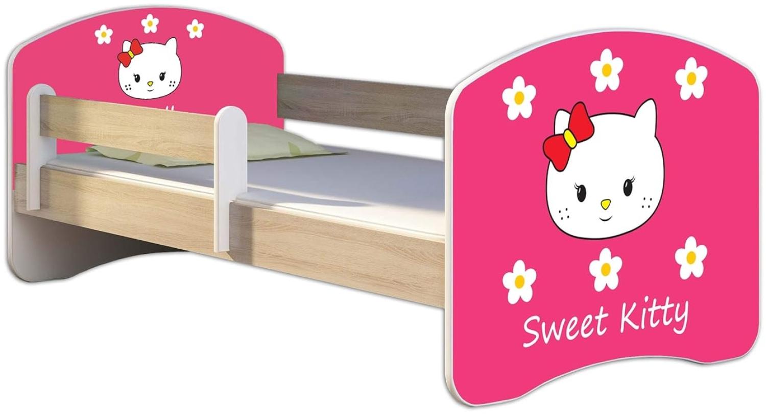 Kinderbett Jugendbett mit einer Schublade und Matratze Sonoma mit Rausfallschutz Lattenrost ACMA II 140x70 160x80 180x80 (16 Sweet Kitty 2, 180x80) Bild 1