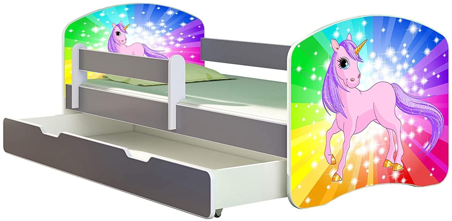 ACMA Kinderbett Jugendbett mit Einer Schublade und Matratze Grau mit Rausfallschutz Lattenrost II (18 Pony Regenbogen, 160x80 + Bettkasten) Bild 1