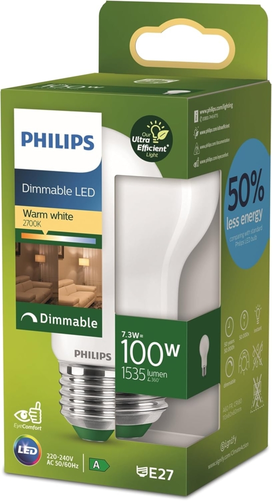 Philips LED-Glühbirne klassisch, UltraEfficient,100W, 1535Lm, A60, E27 2700K, mattes Glas, dimmbar, Matt Bild 1