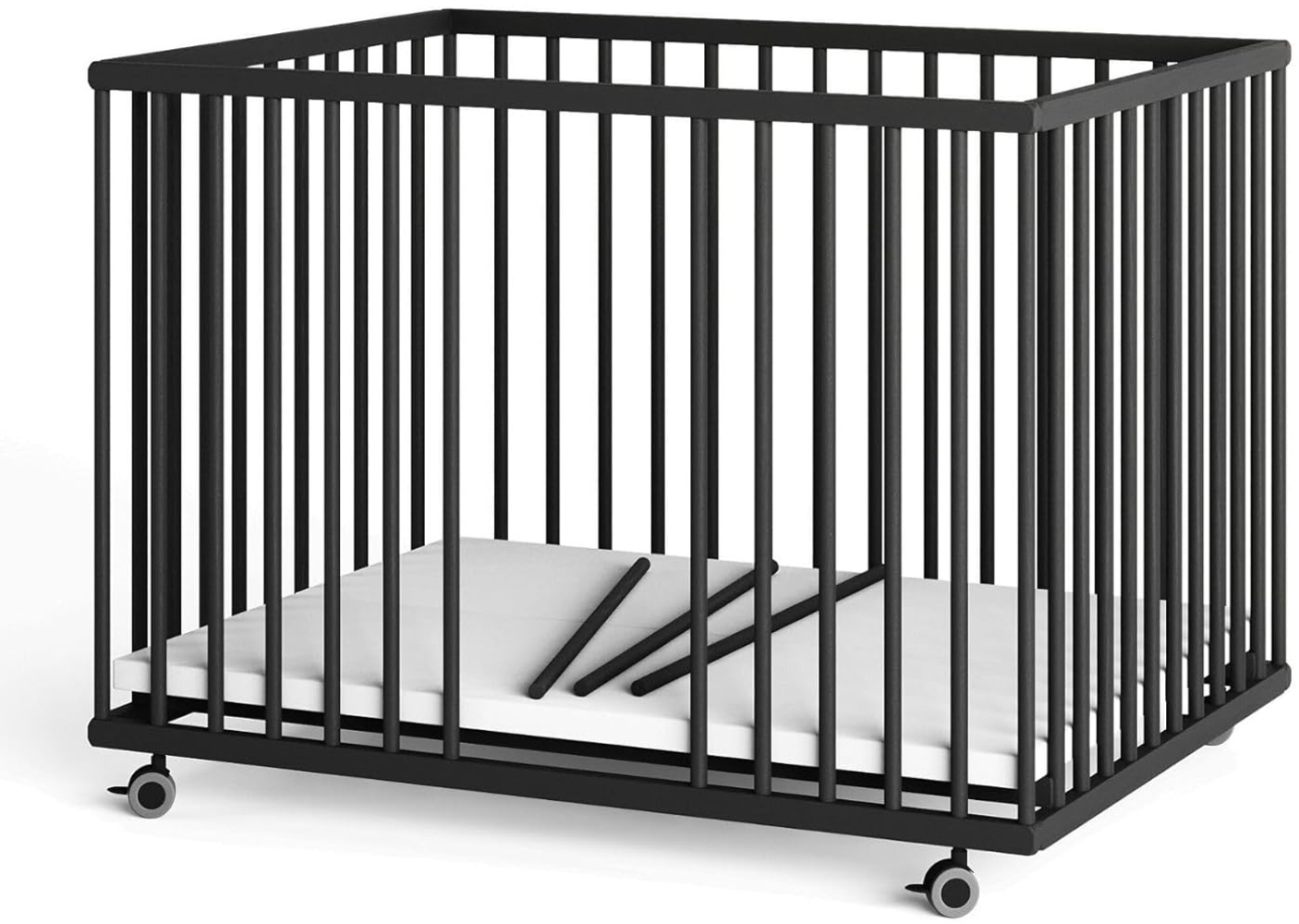 Sämann Laufstall Baby 75x100 cm mit Matratze Cloud Air und 3 Schlupfsprossen | TÜV geprüft 2024 | stufenlos höhenverstellbar | Laufgitter Premium | Babybett aus Holz | Krabbelgitter Black Edition Bild 1