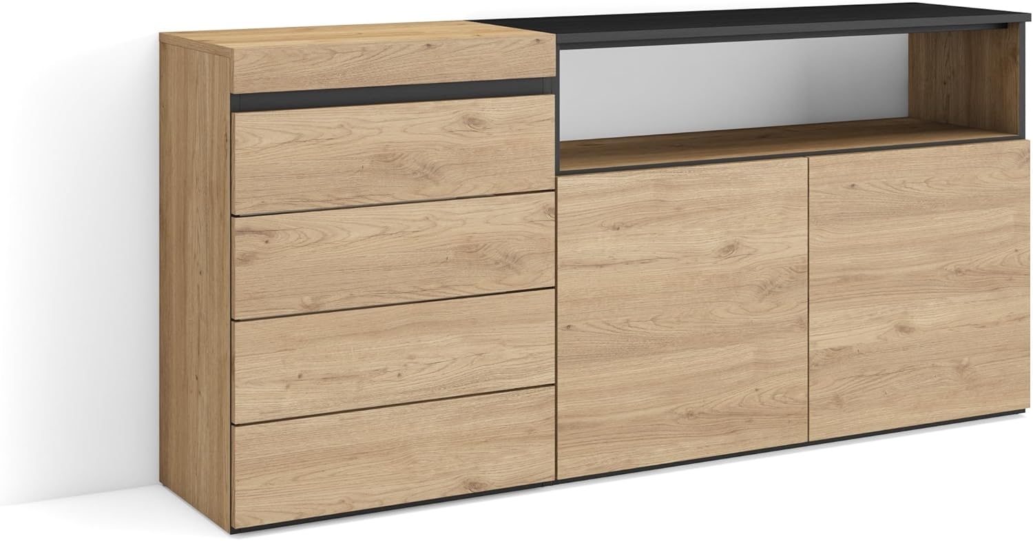 Skraut Home | Kommode mit Schubladen | Aufbewahrungsschrank | 157 x 75 x 35 cm | Für Schlafzimmer, Zimmer | Sideboard, Schrank | Moderner Stil | Eiche Bild 1