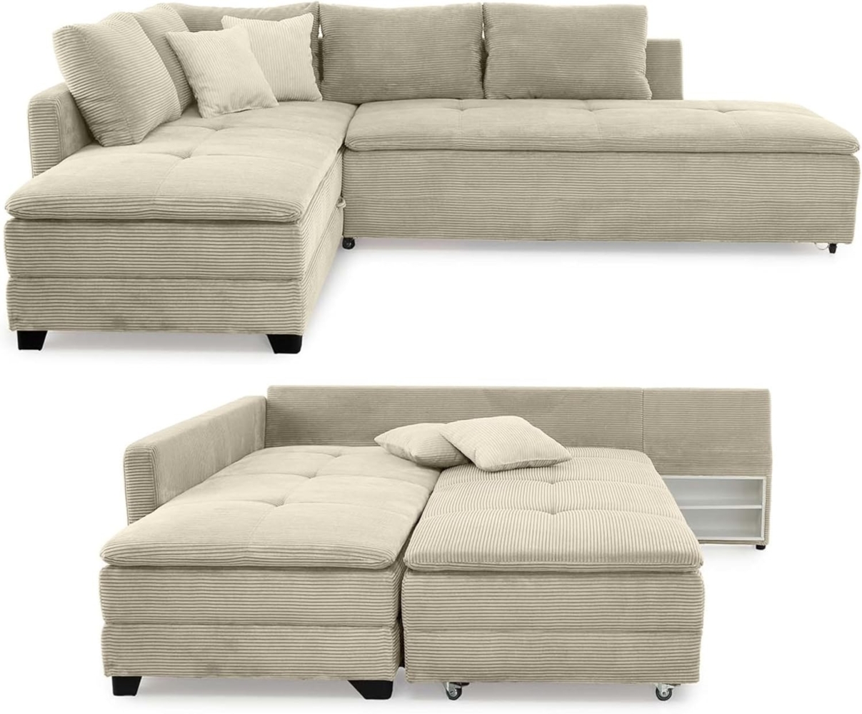 luma-home Ecksofa 15161, Dauerschläfer-Doppelbett 306x223 cm, Schwenkteil L/R, Bettkasten, Nachtkonsole, Boxspring,Federkern,Wellenunterfederung, Topper, Bezug Cord Beige Grau Bild 1