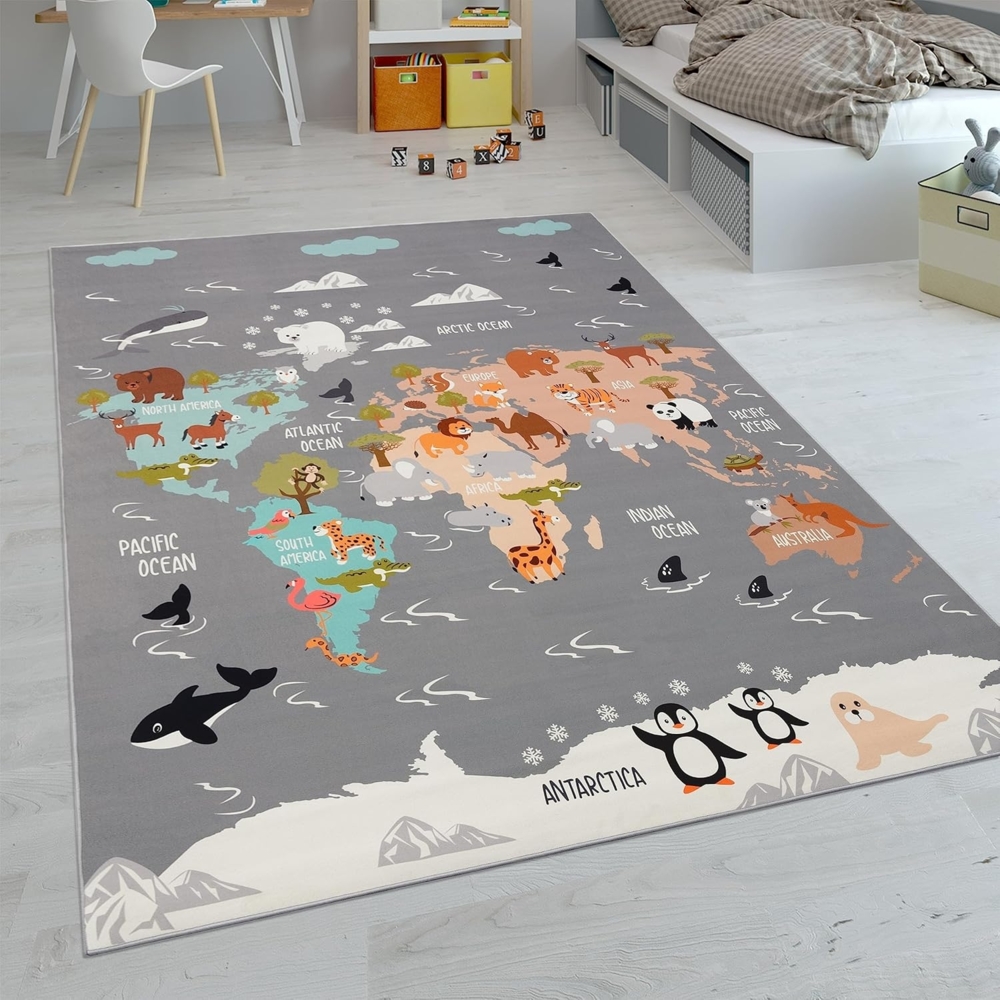 Paco Home Kinderteppich Teppich Kinderzimmer Spielteppich Junge Mädchen Modern rutschfest, Grösse:240x340 cm, Farbe:Grau 3 Bild 1