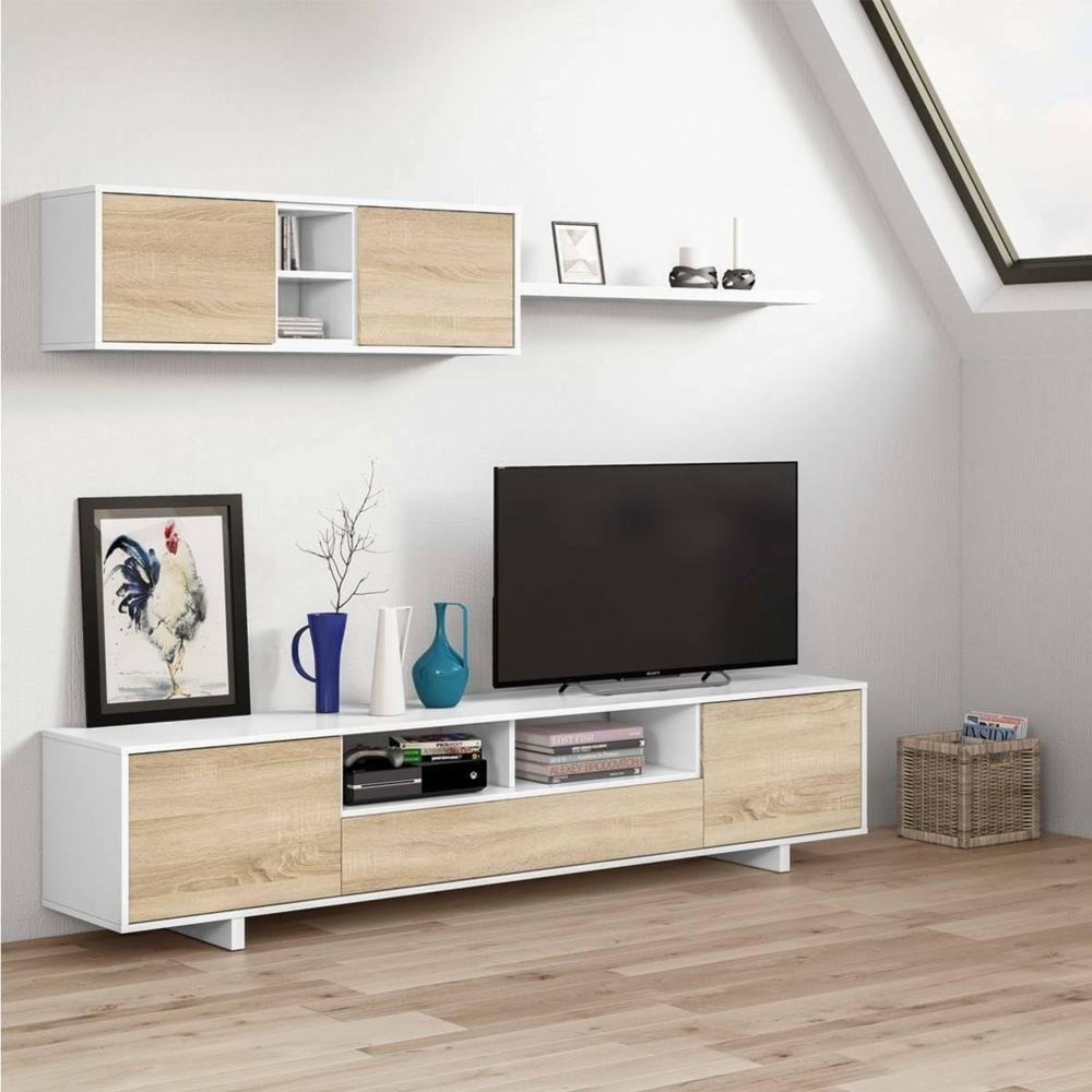 Dmora Wohnzimmerwandsystem, moderner TV-Schrank aus Eiche, mit 2-türiger Oberschrank und Regal, 200 x 46 x 41 cm, Farbe Eiche und Weiß Bild 1