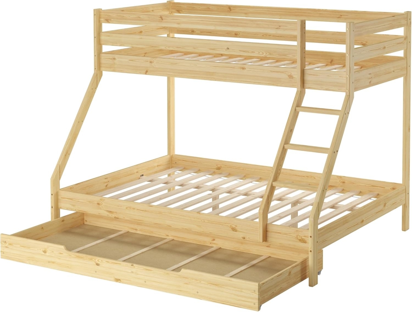 Doppel-Etagenbett 140x200 und 90x200 Erwachsenen-Stockbett Kiefer, Rollrost und Bettkasten inkl. Bild 1