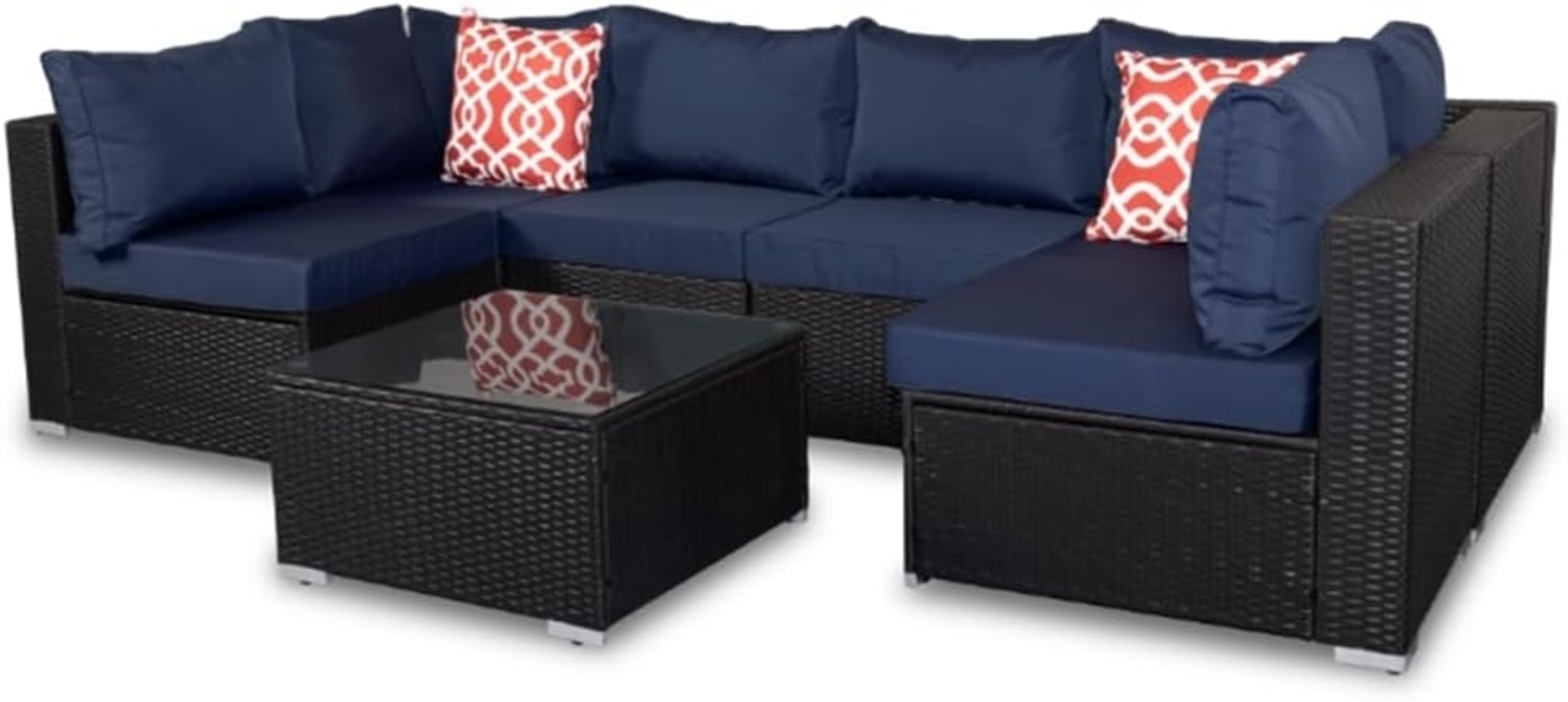 Gartenmöbel Sitzgruppe Sofa 7 tlg. Schwarz Blau Sitzkissen Lounge Polyrattan Set Möbel Sitzgarnitur Couch Gartenset Terrassenmöbel Essgruppe Marineblau Bild 1