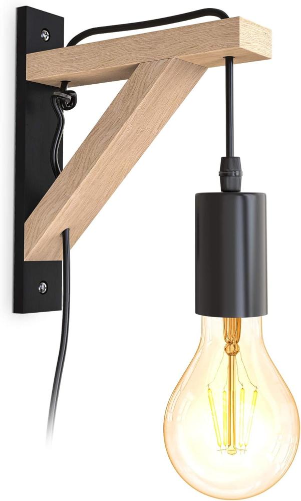 B.K.Licht Wandleuchte Wandlampe Holz Schwarz-Naturholz 2,5m Kabelschalter - BKL1352, ohne Leuchtmittel, E27 1-flammig 40W Vintage Wohnzimmer Schlafzimmer Bild 1