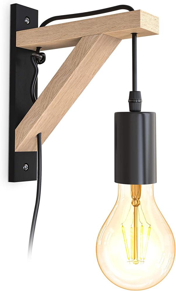 B.K.Licht Wandleuchte Wandlampe Holz Schwarz-Naturholz 2,5m Kabelschalter - BKL1352, ohne Leuchtmittel, E27 1-flammig 40W Vintage Wohnzimmer Schlafzimmer Bild 1