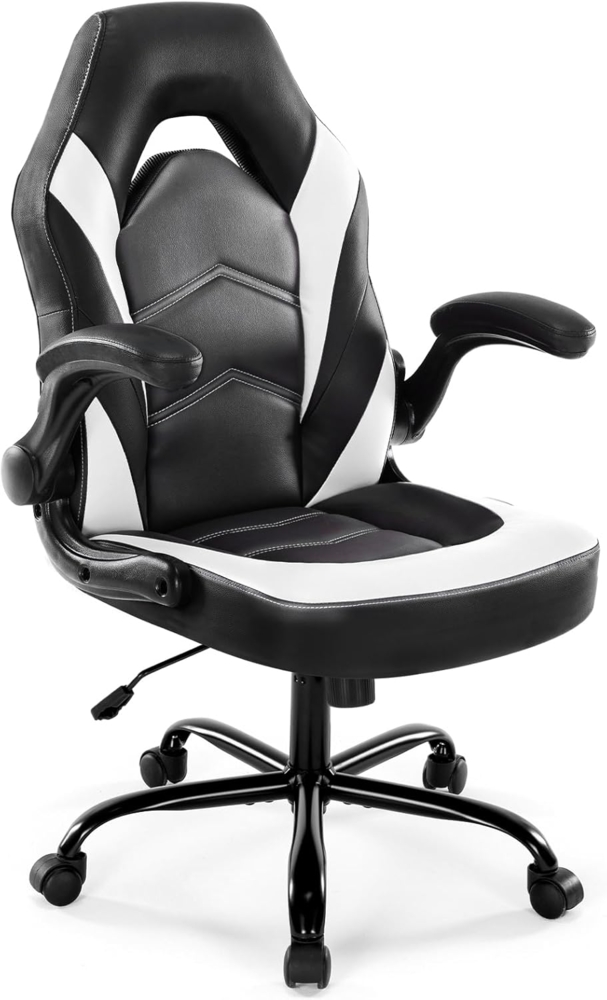 DUMOS Gaming Stuhl - Ergonomischer Gaming Sessel, Verstellbarer Drehbarer Gamingstuhl aus PU-Leder mit klappbaren Armlehnen, Geeignet für Zuhause, Büros usw(Schwarz-Weiß) Bild 1