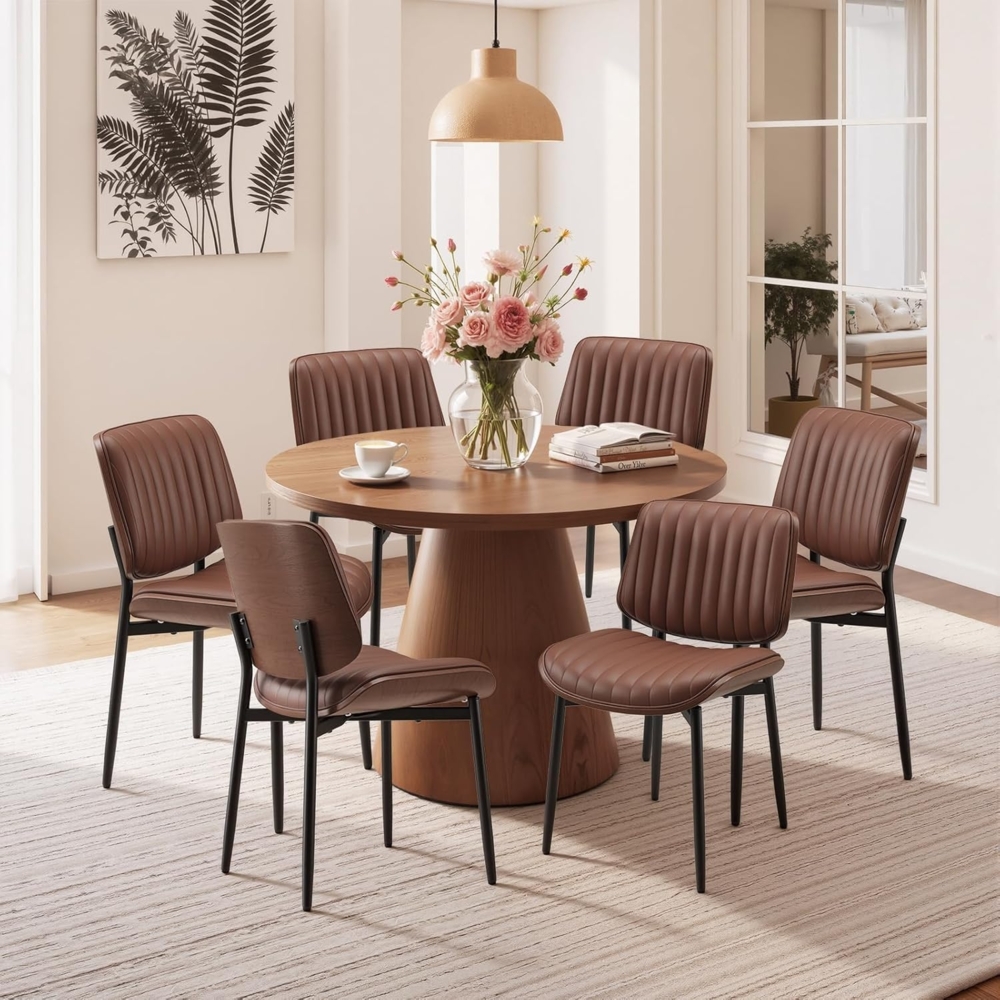 COLAMY Esszimmerstuhl 6er Set, Esszimmer- und Küchenstühle, Gepolsterte Stühle im Mid-Century-Modern-Stil mit Walnuss-Bugholz und Metallbeinen,Braun Bild 1