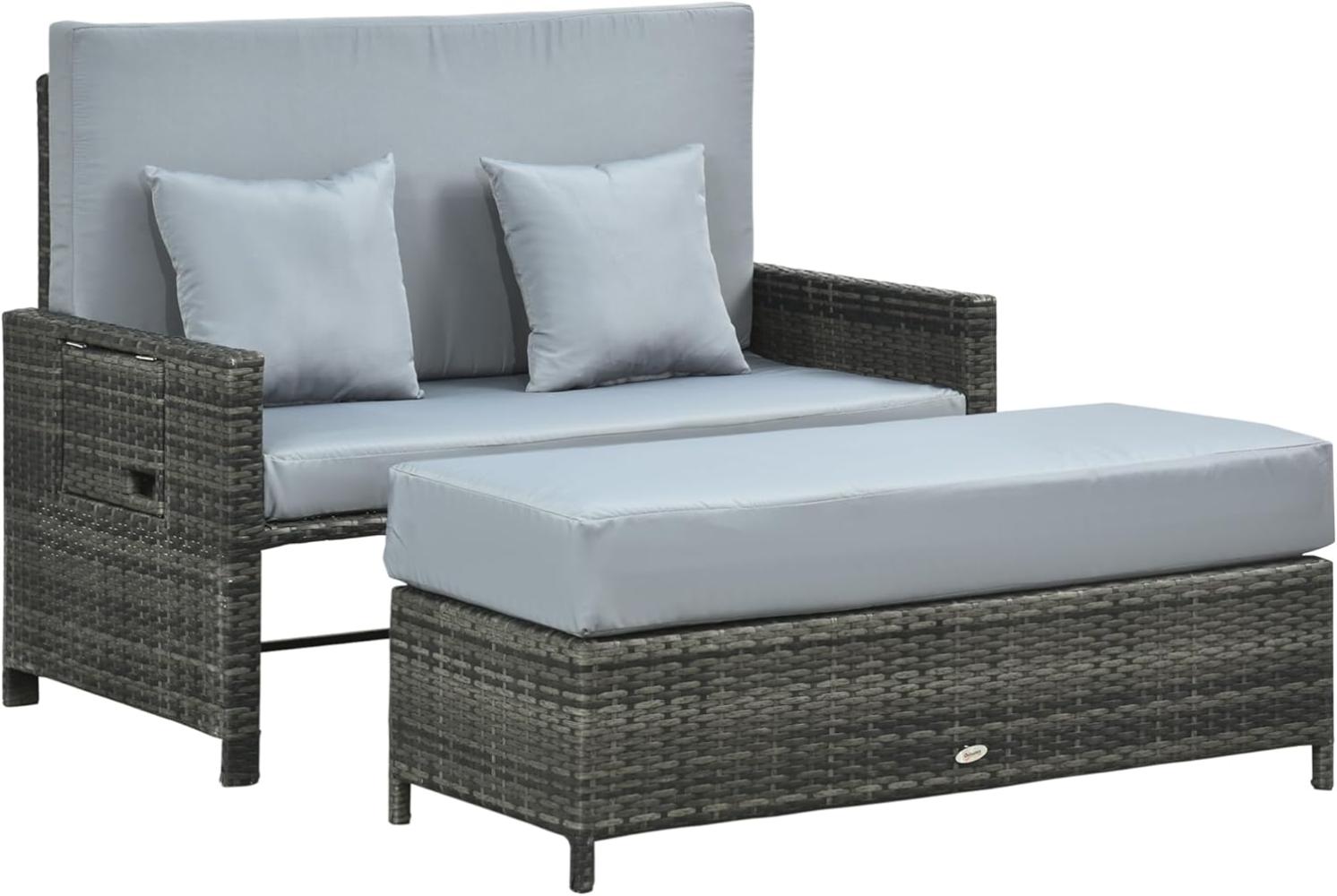 Outsunny Gartenlounge-Set Polyrattan Lounge-Sofa Zweisitzer-Gartensofa mit Liegefunktion, (Zweisitzer-Gartensofa mit Liegefunktion, 2-tlg, Zweisitzer-Gartensofa mit Liegefunktion), Polyrattan Lounge-Sofa 2-Sitzer Set Gartenliege Hocker Grau Bild 1