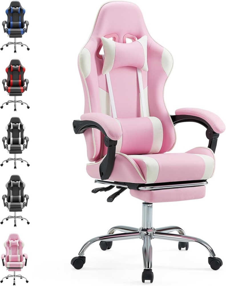 Sweetcrispy Videospiel-Schreibtischstuhl - Ergonomischer Computerstuhl mit Fußstütze und bequemer Lendenwirbelstütze, PU-Leder-Liegesessel mit Kopfstütze,rosa Bild 1