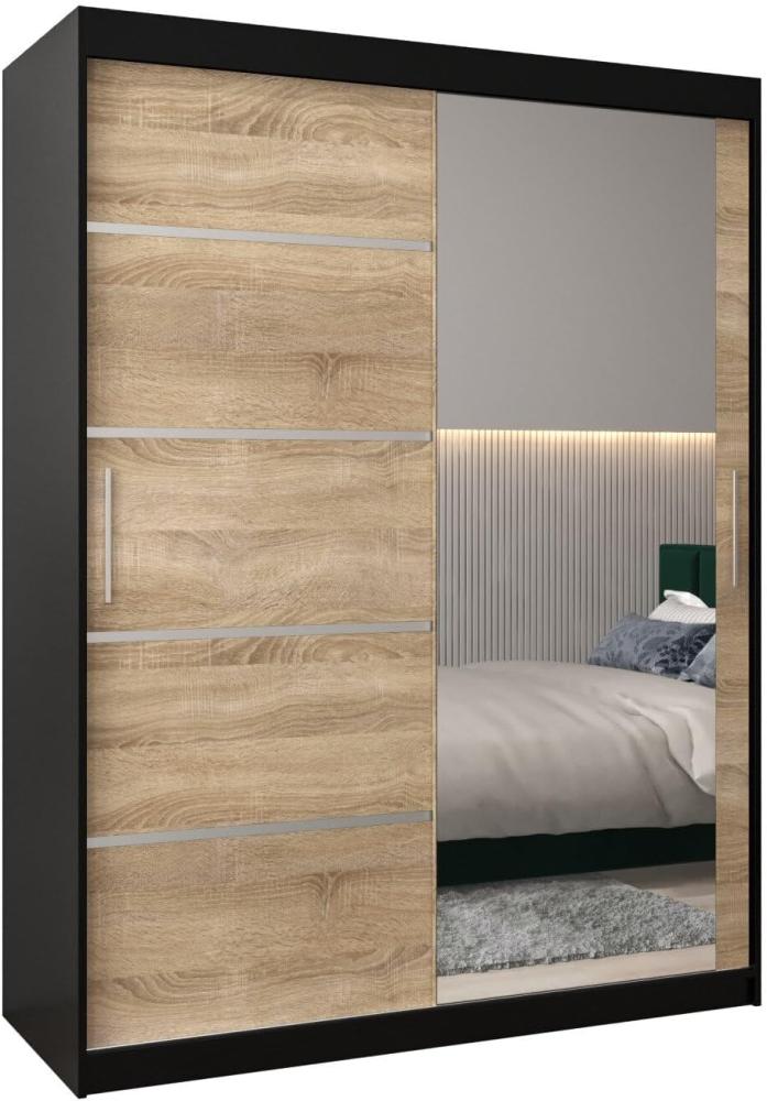 Kryspol Schwebetürenschrank Verona 2-150 cm mit Spiegel Kleiderschrank mit Kleiderstange und Einlegeboden Schlafzimmer- Wohnzimmerschrank Schiebetüren Modern Design (Schwarz + Sonoma) Bild 1