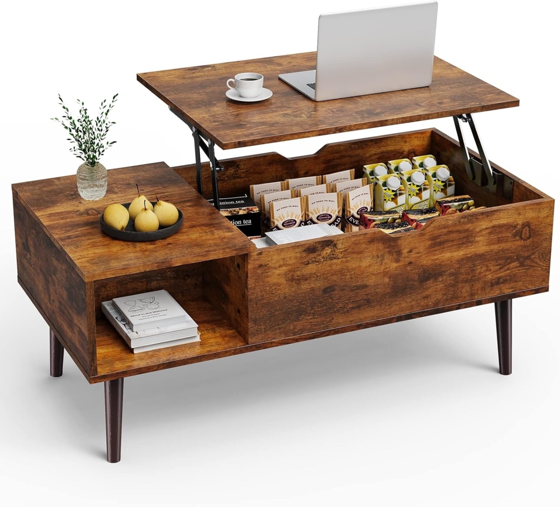 Sweetcrispy Couchtisch Höhenverstellbar, Tisch Wohnzimmertisch, offener und versteckter Stauraum Couchtisch, Sofatisch Beistelltisch, 100x50 cm Sofatisch aus Holz für Wohnzimmer, Braun Bild 1