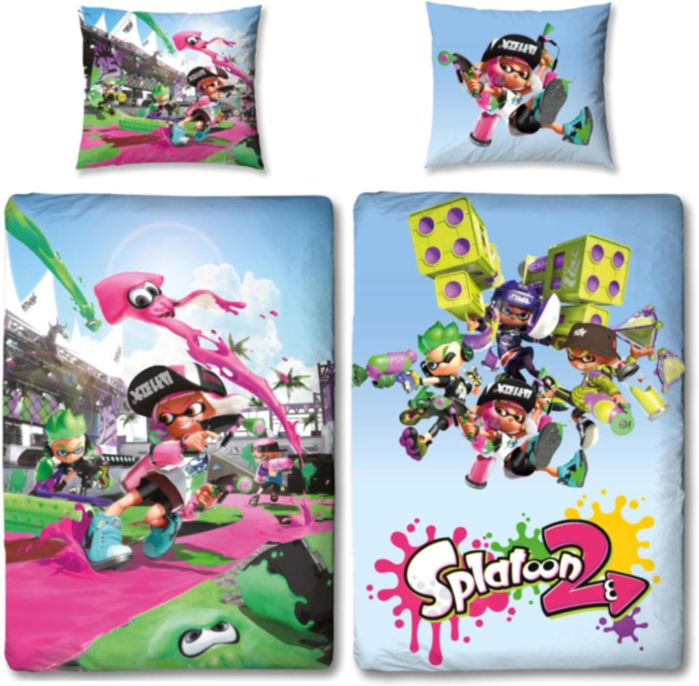 BERONAGE Kinderbettwäsche Splatoon Group Bettwäsche Linon / Renforcé, 100% Baumwolle, 2 teilig, 135x200 + 80x80 cm Bild 1