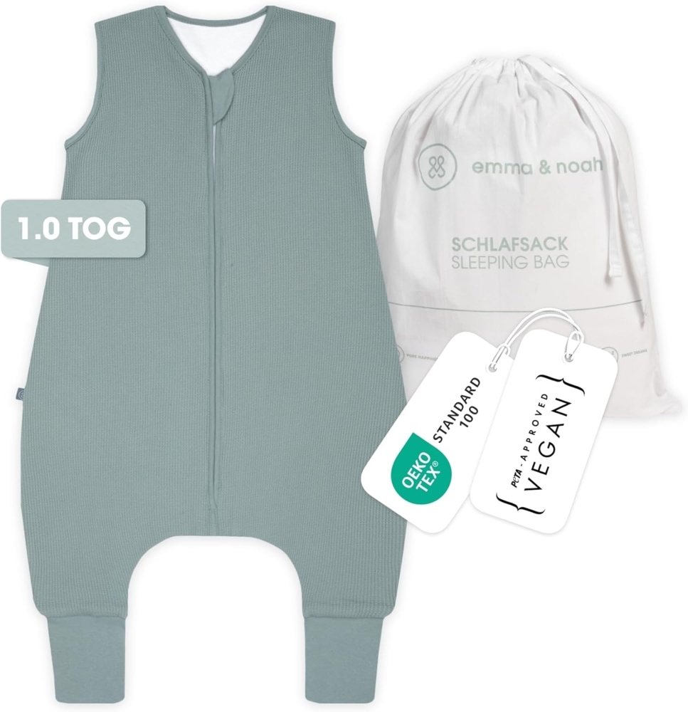 emma & noah Baby Schlafsack mit Füßen 1.0 TOG, Ganzjahres Schlafsack mit Beinen für den Frühling, Sommer und Herbst, 100% Bio-Baumwolle, Oeko-TEX Zertifiziert (Essential Mint, 110 cm) Bild 1