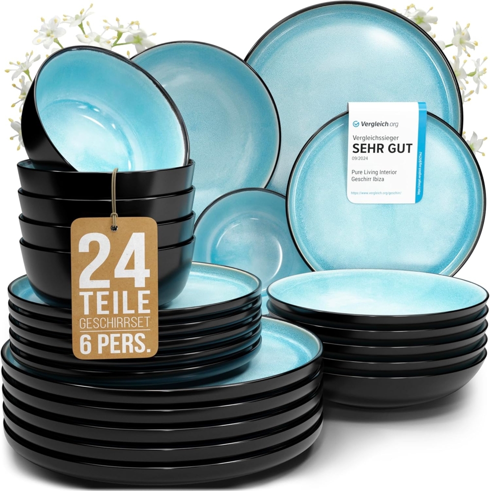Steingut Geschirrset 6 Pers. Ibiza 24-tlg Hochwertiges Mediterranes TEST SEHR GUT Steingut Geschirr Set - Schüssel- und Teller Set - Tafelservice 6 Personen Geschirrsets Pure Living in Aquamarin Bild 1