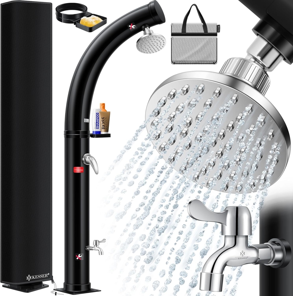KESSER® Solar Gartendusche Solardusche Bogen mit Metall-Duschablage Schutzhaube & Tasche | warmes Wasser max. 60°C Pooldusche Camping | Regenduschkopf & Wasserhahn | Gartenschlauch-Anschluss Schwarz - 35 Liter Bild 1