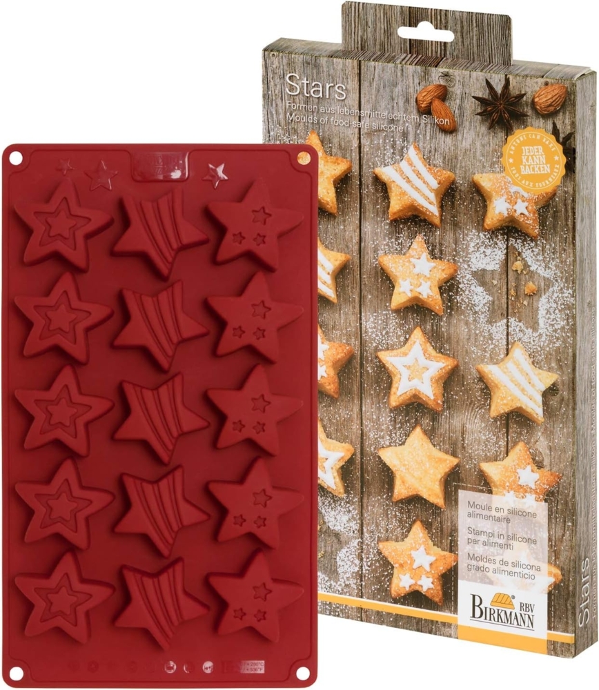 Birkmann 252608 Mini-Cakes Stars, klein 15-Fach, Silikon, Durchmesser 4 cm, mit Rezepten Silikonbackform, Rot Bild 1