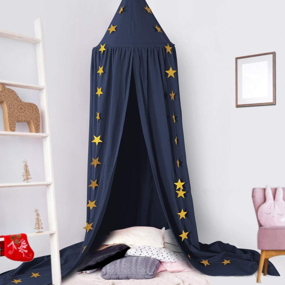 Baby Baldachin, Betthimmel Kinder, Ceekii Babys Bett Kinderzimmer Bettvorhang Baumwolle Deko Moskitonetz für Prinzessin Spielzelte Babybett & Schlafzimmer Dekoration mit Sternengirlande(Navy blau) Bild 1