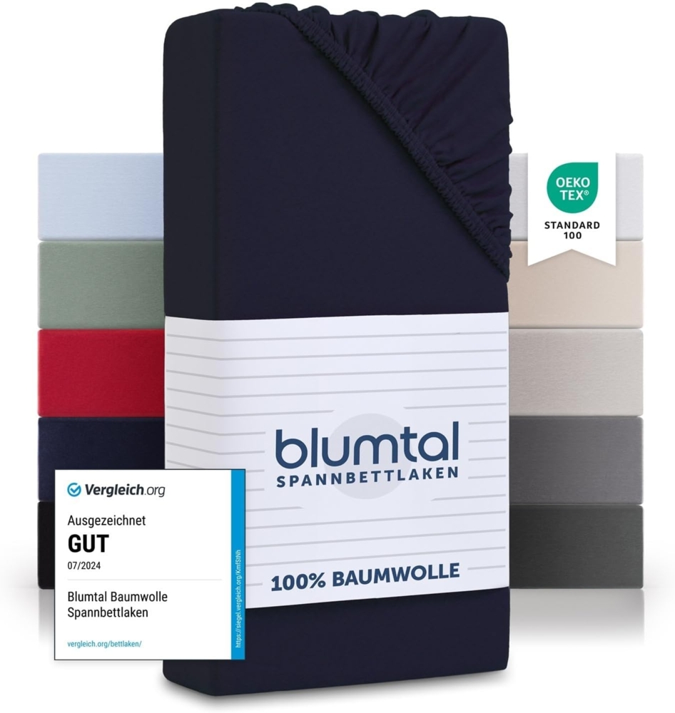 Blumtal® Basics Jersey (2er-Set) Spannbettlaken 100x200 cm -Oeko-TEX Zertifiziert, 100% Baumwolle Bettlaken, bis 7cm Topperhöhe, Dark Ocean Blue - Blau Bild 1