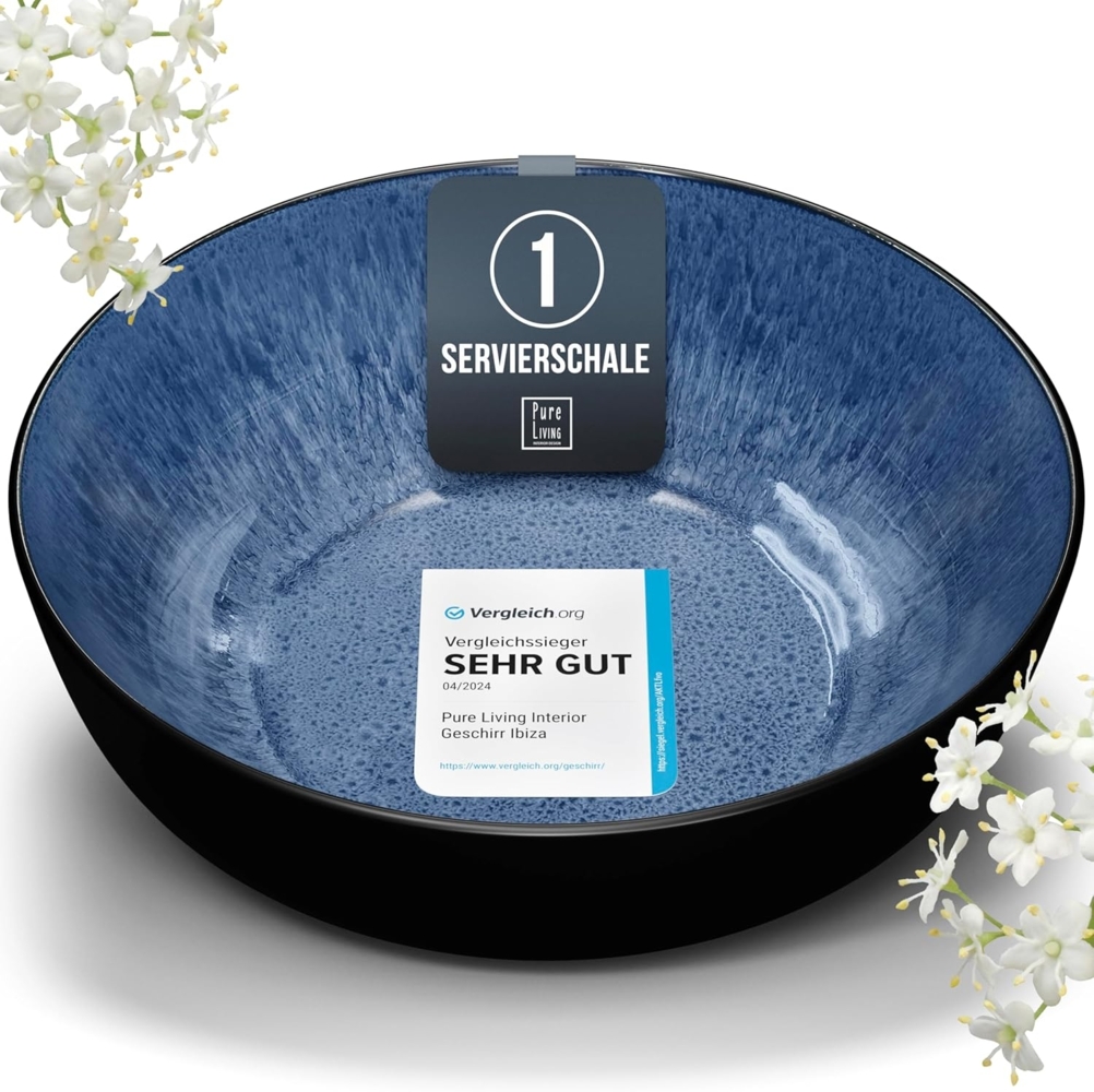 Steingut Servierschüssel Ibiza TESTSIEGER, Traumhafte Mediterrane Salatschüssel, Servierschale - Bowl Schüssel Groß, Salatschale - Pure Living in Tiefblau Bild 1