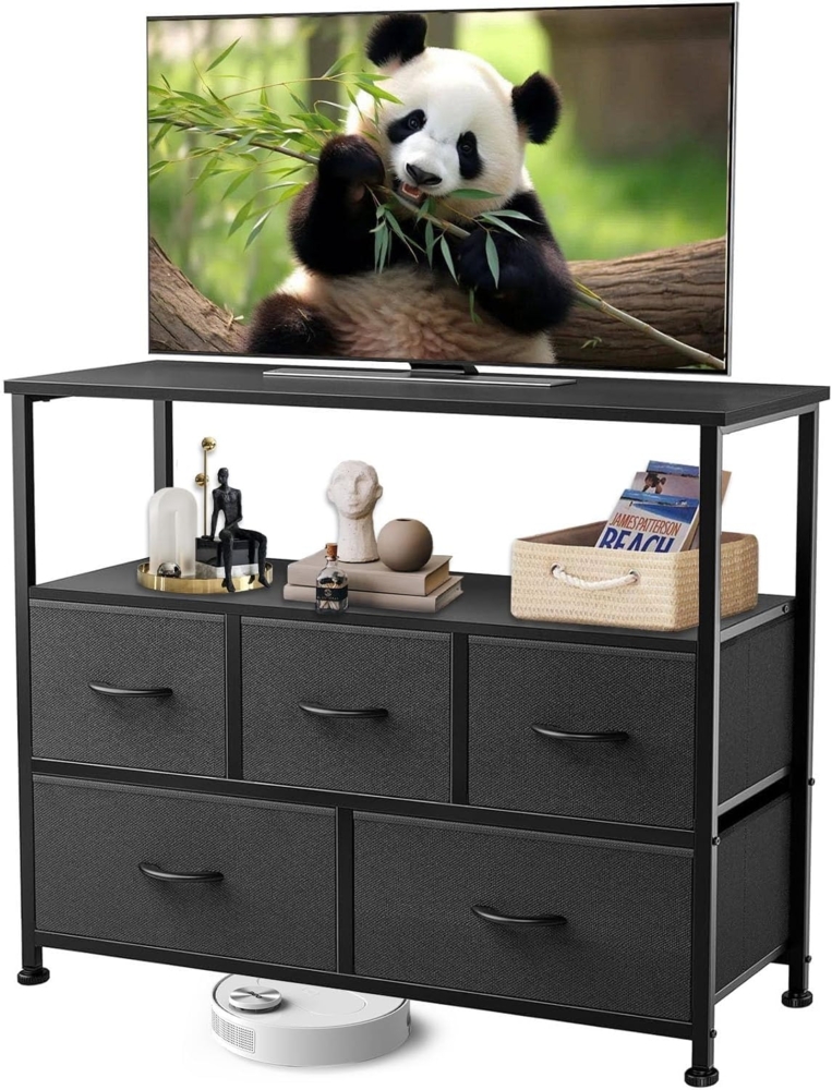 SURFOU Komodenschrank für Schlafzimmer TV Schrank, 5 Kommode Wohnzimmer Drawer Cabinet, Flurschrank Schrank mit Schubladen, Stoffkommode Kleiderkommode Kleiderschrank Kleiderkommode, Schwarz Bild 1
