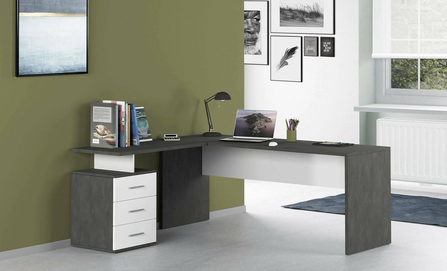 Dmora Eckschreibtisch, Made in Italy, Minimaler Computertisch, PC-Schreibtisch, 160x60h75 cm, Farbe Ash Grey und Glossy White Bild 1