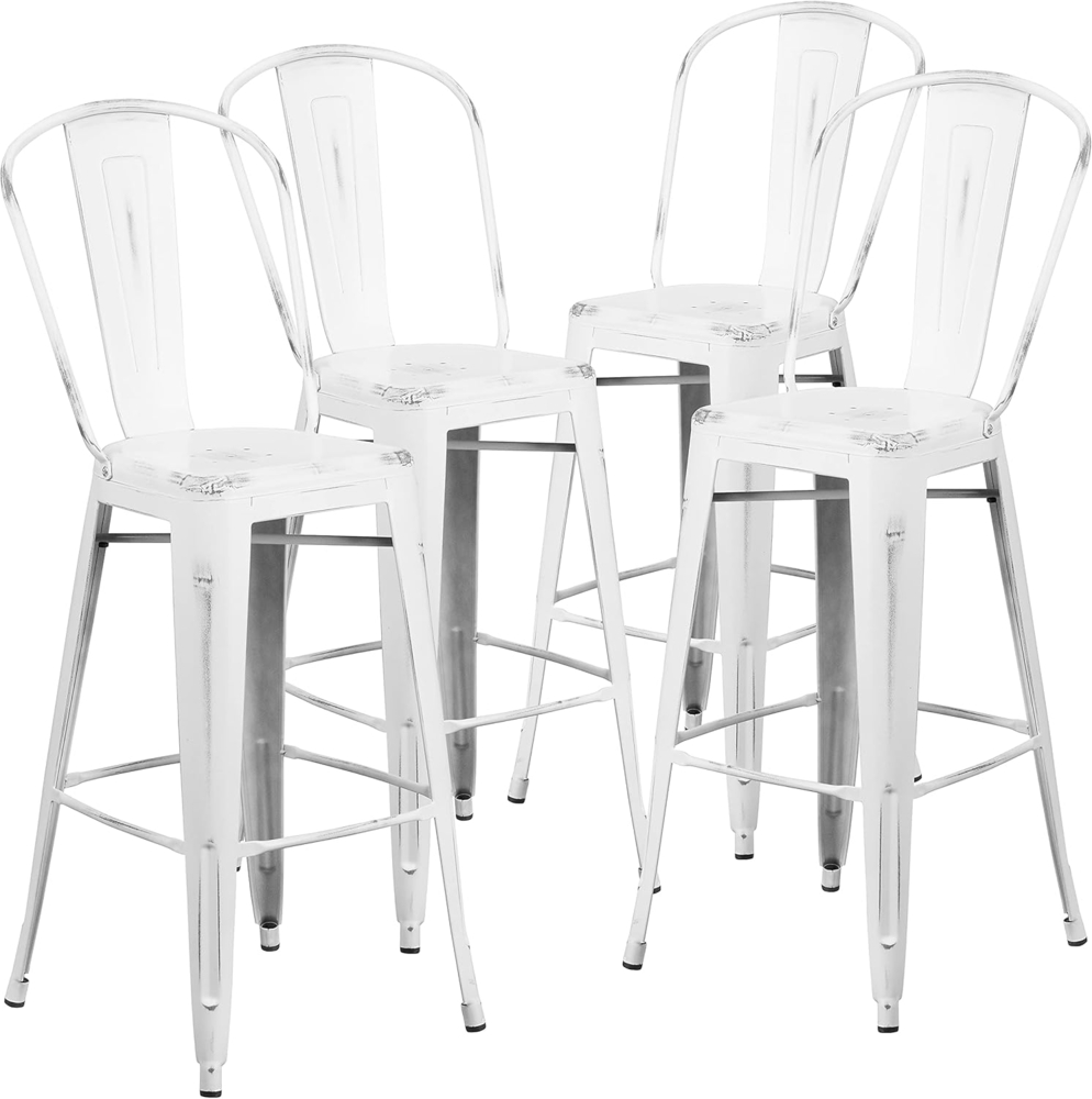 Flash Furniture Handelsübliche Qualität, 4 Stück, 76,2 cm hoch, Metall, für drinnen und draußen, Barhocker mit Rückenlehne, Weiß, 4 Stück Bild 1