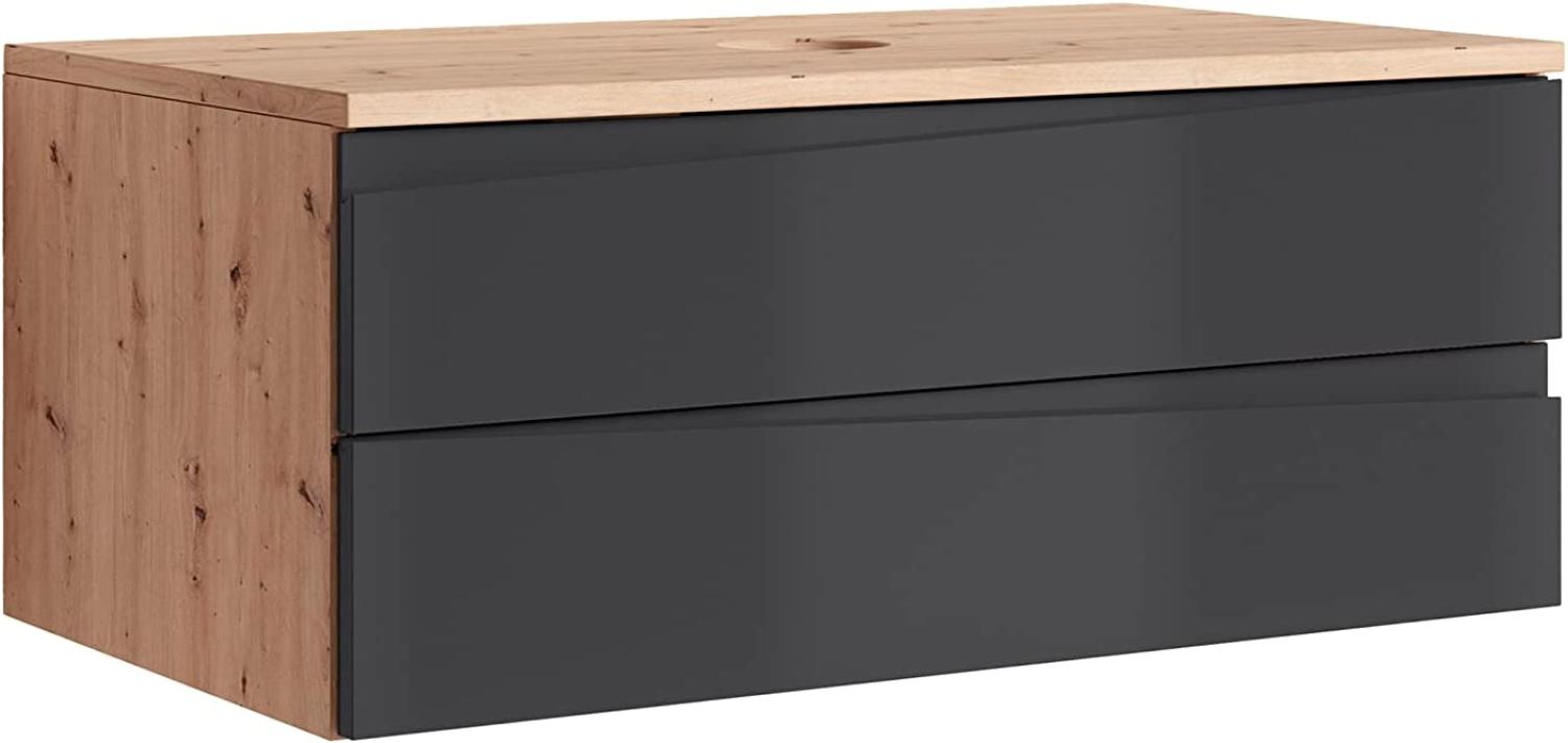 byLIVING Waschtisch SHAPE / Moderne Bad Kommode / Front Hochglanz Anthrazit / 2 Schubladen mit gefräster Griffleiste / Korpus Melamin Eiche-Optik / Schrank / B 80, H 33, T 47 cm Bild 1