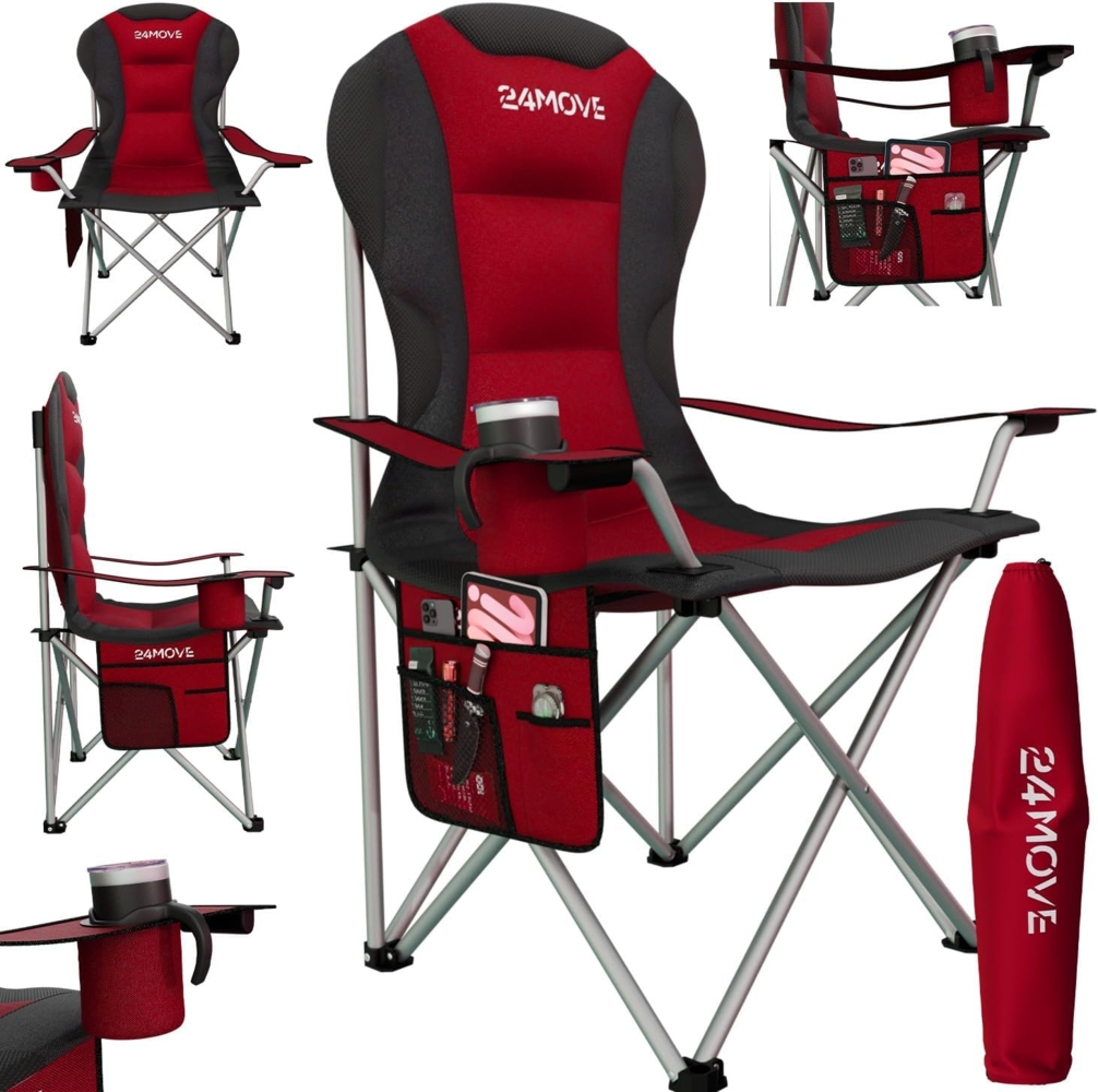 24Move Campingstuhl Campingstuhl faltbar inkl. Tragetasche, bis 150kg belastbar, rot (bequeme Arm- und Rückenlehne), Gartenstuhl, Klappstuhl gepolstert Bild 1