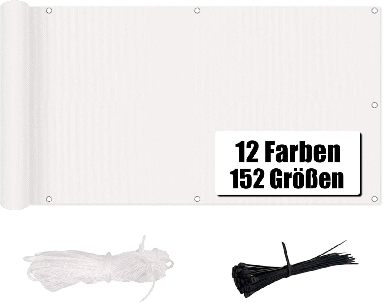 MENGH Balkonabdeckung 110x350 cm, Balkon Sichtschutz Windschutz, 160 g/m², mit Ösen, Nylon Kabelbinder und Kordel für Gartenzaun Balkonzaun Weiß Bild 1