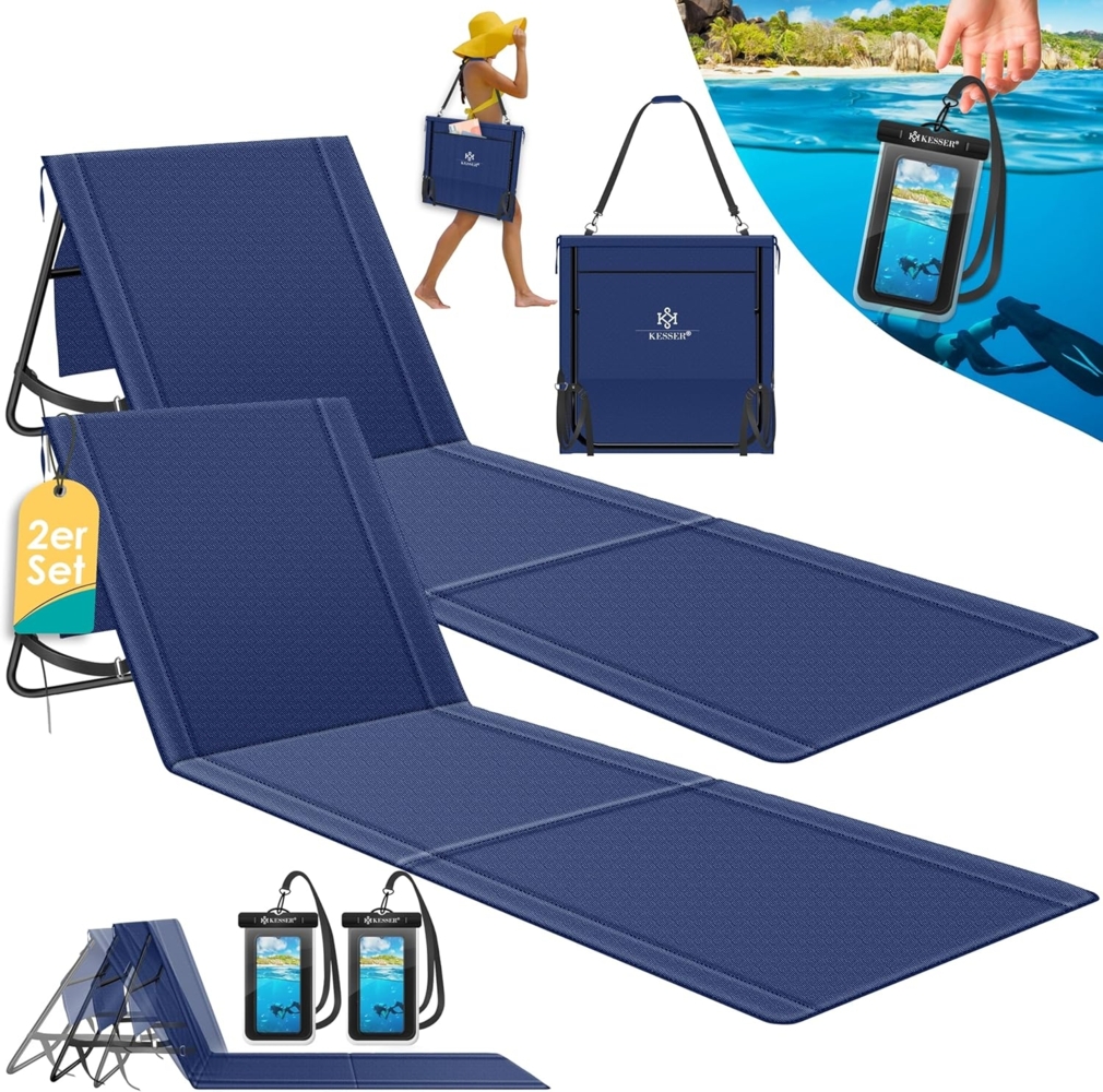 KESSER® 2er Set Strandmatte klappbar mit Verstellbarer Rückenlehne, Tragegurt, wasserdichter Tasche & Aufbewahrung – Faltbare Sonnenliege für Strand, Garten & Terrasse je 130 kg belastbar Bild 1