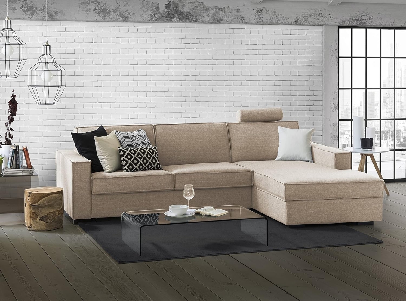 Talamo Italia Ecksofa Beatrice, Made in Italy, Drehbare Öffnung mit Matratze und Lattenrost, Halbinsel mit Stauraum links, mit Standardarmlehnen, Cm: 280x95h90, Farbe Beige Bild 1