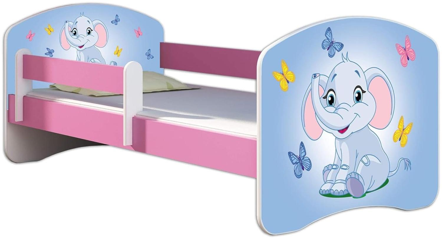 Kinderbett Jugendbett mit einer Schublade und Matratze Rausfallschutz Rosa 70 x 140 80 x 160 80 x 180 ACMA II (26 Elefant, 70 x 140 cm) Bild 1