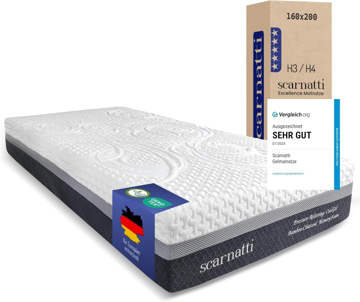 Scarnatti Matratze 160x200, Kaltschaummatratze TESTSIEGER, 27 cm Höhe – 7-Zonen Memory mit Cool Gel, H3–H4, kein Schwitzen, Keine Bewegungsübertragung, grünem Tee & Bambuskohle, Bezug waschbar Bild 1