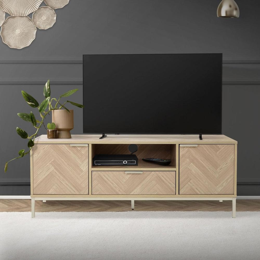 ML-DESIGN Sideboard TV-Schrank Fernsehtisch Fernsehschrank Wohnzimmer TV Lowboard, Gold 2 Türen Schublade 120x45x41,5cm Eiche Optik Fischgrätmuster Bild 1